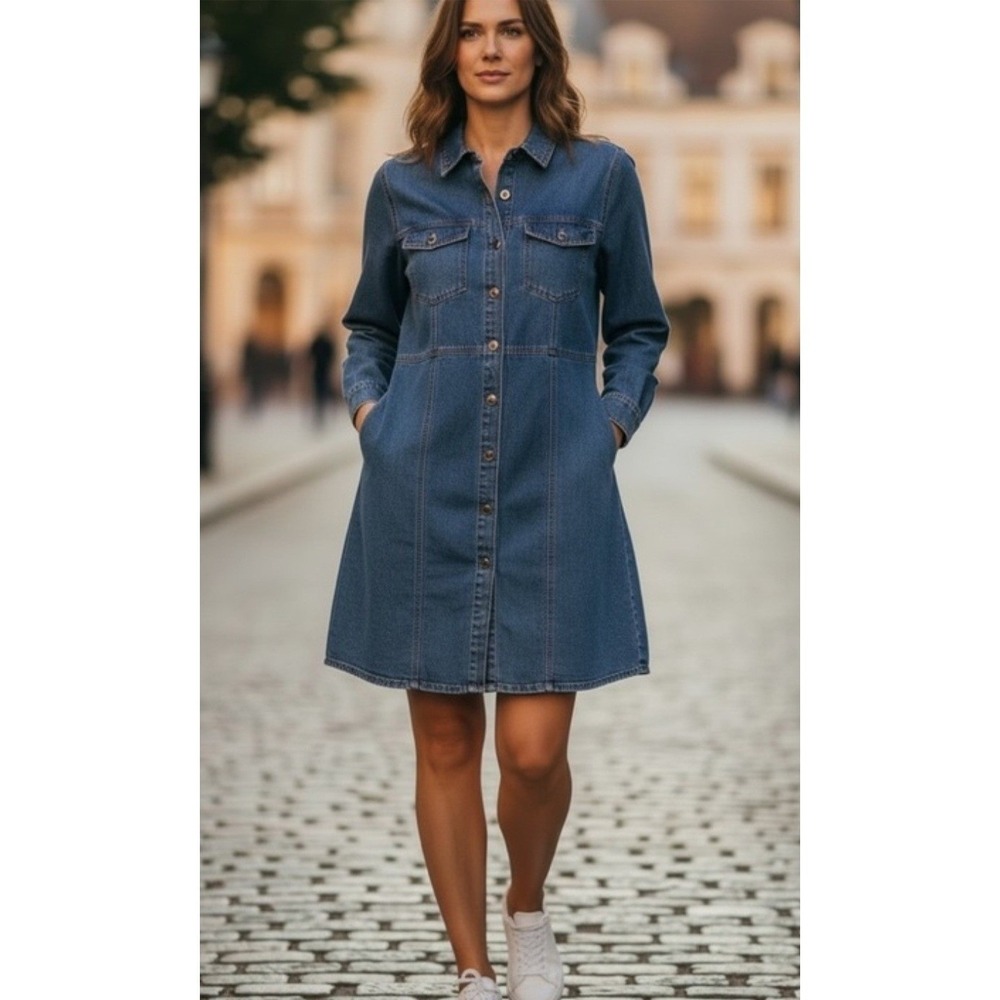 Frye Dark Denim Dress 100% Cotton Button-Up Long Sleeve Side Pockets XL Western